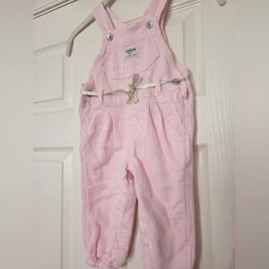 OshKosh B'Gosh Baby Girl Pink White Striped OverallGold String Accent Belt 18M